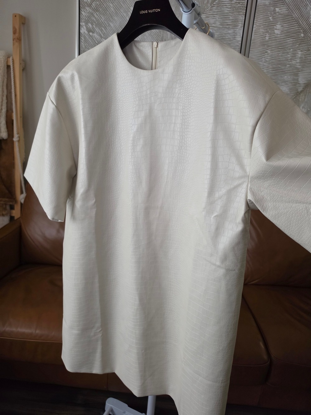 Croc-embossed Faux Leather Textured Short Sleeve Mini Shift T-shirt Dress Medium